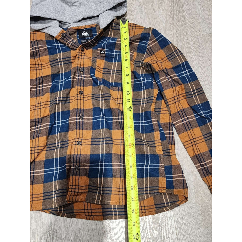 Quiksilver Plaid Flannel Hooded Shirt Long Sleeve Button Up Blue Tan Kids Large - Picture 5 of 6
